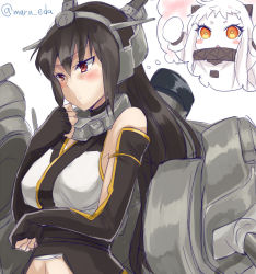 Rule 34 | 10s, 2girls, abyssal ship, ahoge, bare shoulders, black hair, blush, breasts, dress, elbow gloves, gloves, hairband, headgear, horns, kantai collection, large breasts, long hair, maruki (punchiki), mittens, multiple girls, nagato (kancolle), northern ocean princess, open mouth, pale skin, red eyes, sketch, thought bubble, twitter username, white hair
