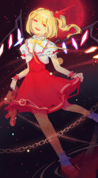 Rule 34 | 1girl, adapted costume, blonde hair, bobby socks, dress, flandre scarlet, foot out of frame, full moon, glowing, glowing wings, head tilt, highres, holding, holding stuffed toy, inani, looking at viewer, mary janes, medium hair, moon, multicolored wings, no headwear, one side up, open mouth, puffy short sleeves, puffy sleeves, red dress, red eyes, red footwear, red moon, shirt, shoes, short sleeves, socks, solo, stuffed animal, stuffed toy, teddy bear, teeth, touhou, upper teeth only, white shirt, white socks, wings, wrist cuffs