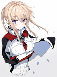 Rule 34 | 1girl, absurdres, arms under breasts, black gloves, blonde hair, blush, breasts, capelet, closed mouth, cropped torso, fathom, gloves, gradient background, graf zeppelin (kancolle), hair between eyes, high collar, highres, impossible clothes, jacket, kantai collection, large breasts, looking at viewer, military, military jacket, military uniform, necktie, sidelocks, smile, solo, twintails, uniform, upper body, white background, white capelet, white jacket