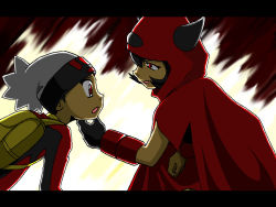 Rule 34 | 1boy, 1girl, age difference, bad id, bad pixiv id, black hair, brendan (pokemon), cape, courtney (pokemon), creatures (company), eyelashes, fake horns, game freak, gloves, hand on another&#039;s chin, hat, height difference, hood, horned headwear, horns, kneeling, letterboxed, looking at another, mokomoko pp, nintendo, open mouth, pokemon, pokemon adventures, pokemon special anime, red cape, red eyes, seductive smile, short hair, single glove, smile, team magma, yamamoto satoshi