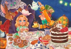 Rule 34 | 1boy, 1girl, ^ ^, alice (alice in wonderland), alice in wonderland, aqua neckwear, blonde hair, blue eyes, blush, bow, bowtie, cake, candle, card, cat, chair, cheshire cat (alice in wonderland), chihiro howe, child, clock, closed eyes, colored pencil (medium), commentary, cup, dormouse (wonderland), doughnut, english commentary, fire, food, green bow, green bowtie, green eyes, green hair, grin, hat, holding, holding cup, holding teapot, looking up, mad hatter (alice in wonderland), march hare (wonderland), marker (medium), medium hair, millipen (medium), mouse (animal), party, plate, playing card, red hair, sitting, sleeping, smile, spoon, table, tea, teacup, teapot, top hat, traditional media, yellow eyes