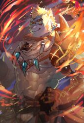 Rule 34 | 1boy, abs, absurdres, animal ears, aqua fur, bara, cowboy shot, fiery aura, fire, furry, furry male, highres, jewelry, large pectorals, live a hero, looking at viewer, male focus, muscular, muscular male, navel, necklace, neumo, nipples, official alternate costume, pectorals, pyrokinesis, rexer (live a hero), solo, standing, stomach, thick eyebrows, tiger boy, tiger ears, tooth necklace, tribal
