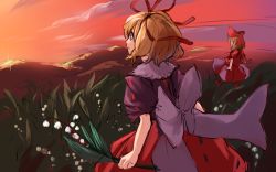 Rule 34 | 1girl, back bow, black shirt, blonde hair, bow, cloud, commentary request, cowboy shot, doll, field, flower, kijima (amayadori-tei), large bow, lily of the valley, medicine melancholy, mountainous horizon, open mouth, orange sky, puffy short sleeves, puffy sleeves, purple eyes, red ribbon, red skirt, ribbon, shirt, short hair, short sleeves, skirt, sky, su-san, sun, sunset, touhou, white bow