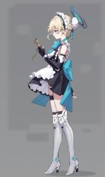 Rule 34 | 1girl, apron, back bow, black gloves, blonde hair, blue archive, blue bow, blue bowtie, blue eyes, blue ribbon, bow, bowtie, braid, chunrijun (springer), closed mouth, fingerless gloves, frilled apron, frills, full body, gloves, grey background, hair ribbon, halo, high heels, highres, holding, holding pocket watch, looking down, maid headdress, pocket watch, ribbon, short hair, simple background, sleeveless, solo, thigh strap, toki (blue archive), watch, white footwear