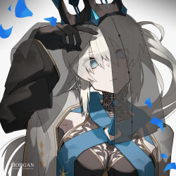 Rule 34 | 1girl, absurdres, armpits, black dress, black gloves, black headwear, black sleeves, black veil, blonde hair, blue eyes, breasts, character name, cleavage, commentary, copyright name, crown, crying, crying with eyes open, detached sleeves, dress, empty eyes, fate/grand order, fate (series), gloves, hair over one eye, highres, jacket, katsu (katsupainter), looking at viewer, medium breasts, morgan le fay (fate), morgan le fay (queen of winter) (fate), open clothes, open jacket, petals, ponytail, sidelocks, simple background, single tear, solo, tears, veil, veil lift, white background, white jacket