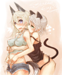 Rule 34 | 2girls, animal ears, blonde hair, blue eyes, blush, breasts, camisole, couple, eila ilmatar juutilainen, food, green eyes, hair between eyes, highres, multiple girls, open mouth, panties, pocky, ryou (shirotsumesou), sanya v. litvyak, short shorts, shorts, strap slip, strike witches, tail, underwear, wavy mouth, white hair, world witches series, yuri