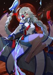 Rule 34 | 1girl, ahoge, arm support, bare legs, barefoot, blazblue, blue nails, bodysuit, braid, braided ponytail, breasts, closed mouth, collar, eyepatch, feet, full body, highres, huge ahoge, huge weapon, long hair, looking away, nail polish, nu-13, red eyes, shaded face, single braid, solo, sword, thighs, udakyo, weapon