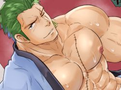 Rule 34 | 1boy, abs, bad id, bad twitter id, bara, bare pectorals, cropped, earrings, from above, green hair, hair slicked back, japanese clothes, jewelry, kimono, large pectorals, long sideburns, looking to the side, male focus, muscular, muscular male, nipples, official alternate costume, one piece, open clothes, open kimono, pectorals, raineru (gryffindor131), roronoa zoro, scar, scar across eye, seductive smile, short hair, sideburns, single earring, smile, solo, stitches, stomach, sweat, upper body, white kimono