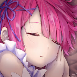 Rule 34 | closed eyes, colored eyelashes, commentary request, detached sleeves, dress, flower knot, frilled dress, frills, hair ornament, lying, maid, messy hair, on bed, on side, open mouth, own hands together, pink hair, purple ribbon, ram (re:zero), re:zero kara hajimeru isekai seikatsu, ribbon, roswaal mansion maid uniform, short hair, sleeping, tarunyan, watermark, x hair ornament