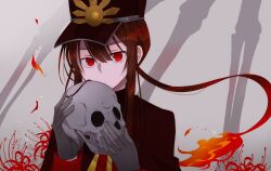 Rule 34 | 1boy, black cape, black hat, bone, cape, center-flap bangs, covered mouth, embers, expressionless, fate/grand order, fate (series), fiery hair, floating hair, flower, gloves, grey background, grey gloves, hair between eyes, hands up, hat, high collar, highres, jacket, kepi, kokiya, light particles, long hair, long sleeves, looking at viewer, low ponytail, male focus, military hat, oda nobukatsu (fate), ponytail, portrait, red eyes, red flower, red jacket, sidelocks, skull, spider lily