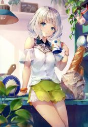 Rule 34 | 1girl, absurdres, bag, blue eyes, blurry, blurry foreground, bracelet, bread, cup, deecha, detached sleeves, food, green shorts, highres, holding, holding cup, indoors, jewelry, looking at viewer, original, paper bag, parted lips, shirt, short hair, short shorts, short sleeves, shorts, silver hair, sitting, solo, white shirt