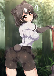 Rule 34 | 10s, 1girl, animal ears, ass, ass focus, bear ears, bear tail, bike shorts, blouse, blush, bob cut, bra, breasts, brown bear (kemono friends), brown eyes, brown hair, cameltoe, cowboy shot, day, elbow gloves, fingerless gloves, from behind, gloves, head tilt, highres, kemono friends, large breasts, legs apart, looking at viewer, looking back, microskirt, miniskirt, multicolored hair, outdoors, pantylines, parted bangs, paw stick, ponponmaru, school uniform, see-through, serafuku, shiny clothes, shiny skin, shirt, short hair, sideboob, skin tight, skindentation, skirt, solo, standing, sweat, tail, underwear, wavy mouth, white hair, white shirt