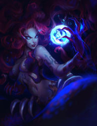 Rule 34 | 1girl, arm tattoo, ball, blue background, claws, collarbone, female focus, glowing, glowing eyes, green eyes, hand up, highres, holding, long hair, magic, mermaid, monster girl, morgana (league of legends), navel, orb, original, pointy ears, red hair, red lips, shiny skin, tattoo, upper body, zoe (crownsforkings)