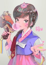 Rule 34 | 1girl, alternate hairstyle, artist name, braid, brown eyes, brown hair, blowing bubbles, charm (object), chewing gum, chkuyomi, d.va (overwatch), dress, eyelashes, facial mark, finger on trigger, fingernails, floral print, grey background, gun, hair ornament, hair ribbon, hanbok, hand up, handgun, holding, holding gun, holding weapon, korean clothes, lips, long fingernails, long hair, long sleeves, looking at viewer, nail polish, official alternate costume, overwatch, overwatch 1, palanquin d.va, pink lips, pink nails, pink skirt, rabbit hair ornament, red ribbon, ribbon, sidelocks, signature, single braid, skirt, skirt set, solo, striped, striped sleeves, swept bangs, traditional clothes, upper body, v, weapon, whisker markings