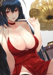 Rule 34 | 1girl, ahoge, arm support, armpit crease, azur lane, bare shoulders, black hair, black thighhighs, blush, breasts, champagne flute, choker, cleavage, collarbone, commentary, cup, dress, drinking glass, groin, hair between eyes, hair ornament, hews, highres, holding, holding cup, huge breasts, large breasts, leaning back, licking lips, long hair, looking at viewer, no bra, no panties, official alternate costume, open mouth, pouring, pouring onto self, red eyes, sitting, smile, solo, taihou (azur lane), taihou (forbidden feast) (azur lane), thighhighs, tongue, tongue out, twitter username, very long hair, wet