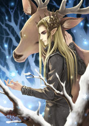 Rule 34 | 1boy, animification, artist name, blonde hair, blue eyes, crown, deer, elf, forest, kagalin, king, long hair, middle earth, nature, pointy ears, signature, snow, the hobbit, thranduil, tolkien&#039;s legendarium, tolkien's legendarium, tree, watermark, web address