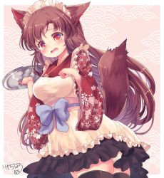 Rule 34 | 1girl, alternate costume, animal ears, apron, black thighhighs, blue bow, blue bowtie, blush, bow, bowtie, cowboy shot, headdress, highres, holding, holding tray, imaizumi kagerou, japanese clothes, kemo chiharu, kimono, long sleeves, maid, open mouth, panties, pantyshot, pink background, red eyes, red kimono, signature, solo, standing, tail, thighhighs, touhou, tray, underwear, white apron, white panties, wide sleeves, wolf ears, wolf girl, wolf tail