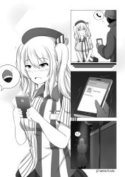 Rule 34 | 10s, 1boy, 1girl, :d, beanie, beret, blush, cellphone, comic, commentary, emoticon, employee uniform, greyscale, hat, highres, holding, kantai collection, kashima (kancolle), lawson, long hair, monochrome, open mouth, phone, pleated skirt, robba-san (wangphing), shirt, silent comic, skirt, smartphone, smile, spoken object, striped clothes, striped shirt, twintails, uniform, vertical stripes, wangphing