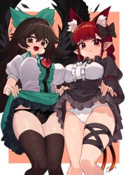 Rule 34 | 2girls, :d, absurdres, animal ear fluff, animal ears, bird wings, black bow, black panties, black ribbon, black thighhighs, black wings, blush, bow, braid, brown eyes, brown hair, cat ears, cat tail, center frills, closed mouth, clothes lift, collared shirt, commentary request, extra ears, fang, feet out of frame, frilled skirt, frilled sleeves, frills, green bow, green skirt, hair between eyes, hair bow, hair intakes, highres, kaenbyou rin, leg ribbon, lifted by self, long hair, long sleeves, looking at viewer, medium bangs, multiple girls, open mouth, orange background, panties, pointy ears, puffy short sleeves, puffy sleeves, qwas69, red eyes, red hair, reiuji utsuho, ribbon, shirt, short sleeves, skirt, skirt lift, smile, tail, tearing up, thighhighs, third eye, touhou, twin braids, two-tone background, underwear, v-shaped eyebrows, white background, white panties, white shirt, wings