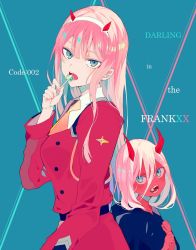 Rule 34 | 1girl, :d, back-to-back, bad id, bad twitter id, belt, blue background, blue eyes, candy, character name, coat, colored skin, copyright name, darling in the franxx, dual persona, eating, fingernails, food, from side, highres, horns, lollipop, long hair, long sleeves, looking at viewer, multiple persona, nail polish, oni, open mouth, pink hair, pink nails, red coat, red oni, red skin, satsuki (miicat), sharp teeth, smile, teeth, time paradox, zero two (darling in the franxx)