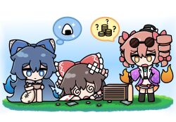 Rule 34 | 3girls, @ @, bag, bandaid, bandaid on head, black headwear, blue bow, blue eyes, blue hair, bow, bowl, box, closed mouth, coat, coin, commentary, donation box, dress, drill hair, earrings, english commentary, food, glasses, hair bow, hakurei reimu, hat, highres, jewelry, long hair, mini hat, mini top hat, multiple girls, onigiri, open mouth, orange eyes, orange hair, purple coat, red bow, round eyewear, short hair, smile, speech bubble, thought bubble, top hat, touhou, twin drills, white dress, yorigami jo&#039;on, yorigami shion, yoriyori