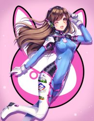 Rule 34 | 1girl, ;d, animal print, artist name, blue bodysuit, bodysuit, breasts, brown eyes, brown hair, charm (object), clothes writing, d.va (overwatch), facepaint, facial mark, gloves, gradient background, headphones, high collar, highres, index finger raised, long hair, looking at viewer, looking to the side, medium breasts, one eye closed, open mouth, overwatch, overwatch 1, pilot suit, pink background, rabbit print, ribbed bodysuit, sasucchi95, shoulder pads, signature, skin tight, smile, solo, swept bangs, whisker markings, white gloves