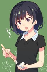 Rule 34 | 1girl, aki poi, bamboo, black eyes, black hair, black shirt, bowl, collarbone, collared shirt, commentary request, green background, head tilt, holding, holding bowl, original, shirt, short hair, short sleeves, solo, translation request, upper body