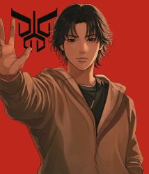 Rule 34 | 1boy, arm up, black eyes, black hair, commentary request, godai yuusuke, green shirt, hand up, heisei, henshin pose, highres, jacket, jewelry, kamen rider, kamen rider kuuga (series), looking at viewer, male focus, mole, mole under mouth, necklace, open hand, red background, sasakura34, shirt, simple background
