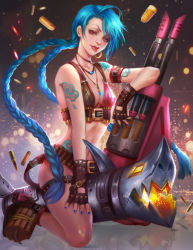 Rule 34 | 1girl, :p, bikini, bikini top only, black gloves, blue hair, blue nails, boots, bottomless, braid, breasts, bullet, cannon, cleavage, fan yang (jiuge), fingerless gloves, full body, gloves, gun, huge weapon, jinx (league of legends), league of legends, long hair, nail polish, navel, red eyes, small breasts, solo, stomach, swimsuit, tattoo, thigh strap, tongue, tongue out, twin braids, twintails, weapon