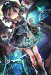 Rule 34 | 1girl, ankle boots, backpack, bag, blue eyes, blue hair, boots, dress, engineer, english text, extra arms, hair bobbles, hair ornament, hat, holographic interface, kawashiro nitori, key, matching hair/eyes, mechanical arms, pocket, sanso, shirt, short hair, skirt, skirt set, solo, touhou, twintails, two side up