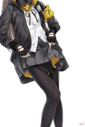 Rule 34 | absurdres, amsxure, bad id, bad pixiv id, black pantyhose, black ribbon, breasts, brown hair, clothes lift, fingerless gloves, girls&#039; frontline, gloves, grey skirt, highres, jacket, lifted by self, long hair, long sleeves, neck ribbon, open clothes, open jacket, pantyhose, pleated skirt, ribbon, scarf, shirt, signature, simple background, skirt, skirt lift, small breasts, solo, strap, thigh strap, ump45 (girls&#039; frontline), untucked shirt, white background, white shirt