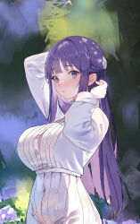 Rule 34 | 1girl, absurdres, adjusting hair, blunt bangs, blush, breasts, closed mouth, dress, duzizai, fern (sousou no frieren), highres, large breasts, long hair, long sleeves, looking at viewer, purple eyes, purple hair, sidelocks, sousou no frieren, straight hair, white dress