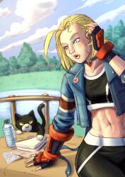 Rule 34 | 1girl, abs, blonde hair, blue eyes, branch, breasts, cammy white, cat, cloud, crop top, cropped jacket, idrawcammy, lips, long sleeves, pants, river, short hair, small breasts, street fighter, street fighter 6, table, tree