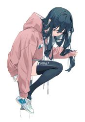 Rule 34 | 1girl, blue footwear, blue thighhighs, closed eyes, commentary request, cropped legs, drawstring, earphones, facing down, foot out of frame, hair between eyes, hair spread out, highres, hood, hood down, hoodie, long hair, long sleeves, miniskirt, original, parted lips, pink hoodie, putting on shoes, shirt, shoes, simple background, skirt, sleeves past wrists, sneakers, solo, souly, thighhighs, white background, white shirt