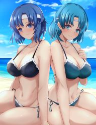 Rule 34 | 1girl, 2girls, bare shoulders, beach, bikini, black bikini, blue bikini, blue eyes, blue hair, blush, breasts, catria (fire emblem), cleavage, collarbone, female focus, fire emblem, fire emblem: mystery of the emblem, fire emblem: the binding blade, fire emblem heroes, frilled bikini, frills, groin, hairband, highres, large breasts, looking at viewer, matching hair/eyes, multiple girls, navel, nintendo, ocean, polka dot, polka dot bikini, polka dot swimsuit, short hair, side-tie bikini bottom, smile, solo, stomach, swimsuit, thea (fire emblem), toshimasa, trait connection