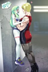 Rule 34 | 2girls, against wall, artist name, blonde hair, blush, boots, breasts, cameltoe, carrying, colored sclera, colored skin, cyberpunk (series), cyberpunk edgerunners, dated, dorio (cyberpunk), dress, english text, femdom, flat chest, green eyes, green hair, grey skin, heart, high heel boots, high heels, highres, indoors, kivo, large breasts, lauren phillips lifting alice merchesi (meme), leaning forward, leg tattoo, lifting person, light, long hair, looking at another, mechanical legs, meme, multiple girls, muscular, muscular arms, muscular female, naughty face, open mouth, pinned, rebecca (cyberpunk), red sclera, short dress, short hair, signature, size difference, sleeveless, sleeveless dress, smile, speech bubble, standing, surprised, tattoo, wall, watch, yuri