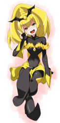 Rule 34 | 10s, 1girl, bad end peace, bad end precure, blonde hair, blush, bodysuit, boots, breasts, choker, covered navel, dark persona, dress, earrings, fingerless gloves, gloves, hair ornament, head tilt, jewelry, long hair, magical girl, navel, open mouth, ponytail, precure, simple background, sitting, small breasts, smile, smile precure!, solo, teeth, tongue, ushiki yoshitaka, v, white background, wrist cuffs, yellow eyes