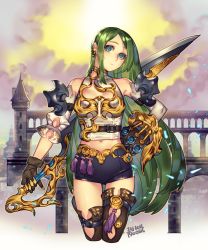 Rule 34 | 10s, 1girl, 2016, aqueduct, bare shoulders, bike shorts, black shorts, black thighhighs, blue eyes, brown gloves, building, closed mouth, cropped legs, earrings, gloves, green hair, hand on own hip, highres, holding, holding sword, holding weapon, jewelry, long hair, midriff, navel, original, outdoors, shorts, solo, sword, thighhighs, very long hair, wbfish, weapon