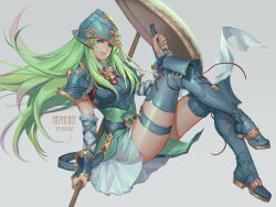 Rule 34 | 1girl, arm warmers, armor, armored dress, artist name, blue footwear, blue gloves, blue thighhighs, boots, breasts, character name, fingerless gloves, fire emblem, fire emblem: path of radiance, fire emblem: radiant dawn, full body, gloves, green eyes, green hair, grey background, helm, helmet, lance, lips, long hair, looking at viewer, lucidsky, medium breasts, miniskirt, nephenee, nintendo, polearm, shield, simple background, skirt, smile, solo, thigh strap, thighhighs, thighs, weapon
