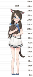 Rule 34 | 1girl, :d, absurdres, aina (mao lian), animal ear fluff, animal ears, black choker, blue bow, blue bowtie, blue eyes, blue footwear, blue vest, blush, book, bow, bowtie, brown hair, cat ears, cat tail, character age, choker, commentary, glasses, height chart, highres, holding, holding book, long hair, mao lian (nekokao), miniskirt, open mouth, original, pigeon-toed, pleated skirt, shoes, skirt, smile, solo, standing, tail, translated, vest, white skirt