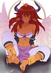 Rule 34 | 1girl, anklet, bare shoulders, barefoot, bra, breasts, cleavage, cum, cum on body, cum on lower body, feet, getaroo, gremory (shinrabanshou), horns, jewelry, nail polish, pointy ears, shinrabanshou, sitting, smile, soles, solo, tan, toes, underwear, wings