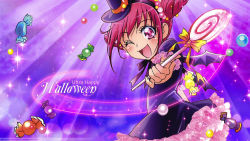 Rule 34 | 10s, 1girl, ;d, candy, halloween, highres, hoshizora miyuki, kawamura toshie, lollipop, official art, one eye closed, open mouth, pink eyes, pink hair, precure, short hair, smile, smile precure!, solo, third-party edit, twintails