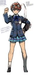 Rule 34 | 1girl, black gloves, blazer, blue jacket, blue skirt, brown eyes, brown hair, clenched hand, copyright name, dated, emblem, full body, gloves, goggles, goggles on head, hand on own hip, jacket, mary janes, sasaki tomomi, school uniform, shin megami tensei, shin megami tensei: if..., shoes, short hair, simple background, single glove, skirt, solo, striped clothes, striped skirt, uchida tamaki, white background