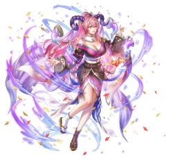 Rule 34 | 1girl, anbe yoshirou, blush, breasts, cleavage, confetti, curled horns, fire emblem, fire emblem heroes, floating, floating object, frilled sleeves, frills, fur trim, gloves, goat horns, hair ornament, horns, large breasts, long hair, looking to the side, multicolored hair, nerthuz (fire emblem), nerthuz (new year) (fire emblem), nintendo, official art, origami, paper crane, pink hair, ponytail, purple eyes, solo, third-party source, two-tone hair, very long hair