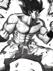 Rule 34 | 1boy, abs, aura, belt, biceps, clenched hands, dougi, dragon ball, dragonball z, fighting stance, greyscale, highres, male focus, martial arts belt, monochrome, muscular, muscular male, pectorals, powering up, solo, son goku, spiked hair, topless male, torn clothes, veins, xfiro