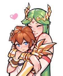 Rule 34 | 1boy, 1girl, artist name, blue eyes, blush, bracelet, brown hair, closed eyes, commentary, diadem, dress, english commentary, eyelashes, gauntlets, green hair, heart, highres, jewelry, kid icarus, kid icarus uprising, long hair, mariezone, nintendo, palutena, pink lips, pit (kid icarus), short hair, simple background, smile, upper body, white background, white dress