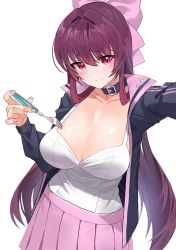 Rule 34 | 1girl, arm up, black jacket, blush, bow, breasts, buckle, choker, cleavage, closed mouth, collar, collarbone, commentary request, cutlery, damda, fate/grand order, fate (series), fingernails, fork, hair bow, hair intakes, holding, holding fork, jacket, large breasts, long fingernails, long hair, long sleeves, looking at viewer, miniskirt, nail polish, open clothes, open jacket, outstretched arm, pink bow, pink eyes, pink nails, pink ribbon, pink skirt, pleated skirt, purple hair, ribbon, scathach (fate), selfie, shirt, sidelocks, simple background, skirt, smile, solo, very long hair, white background, white shirt