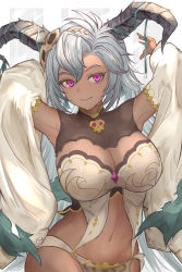 Rule 34 | 1girl, absurdres, armpits, arms up, asaikeu, breasts, cleavage, closed mouth, dark-skinned female, dark skin, detached sleeves, draph, fang, fediel (granblue fantasy), granblue fantasy, grey hair, hair between eyes, hair ornament, highres, horn ornament, horn ribbon, horns, large breasts, long hair, looking at viewer, navel, purple eyes, revealing clothes, ribbon, skull, skull hair ornament, smile, solo, upper body