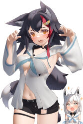 Rule 34 | + +, @ @, ahoge, animal ear fluff, animal ears, armpits, black hair, black shorts, blue neckerchief, blush, braid, breasts, claw pose, commentary request, cosplay, detached sleeves, earrings, ears down, fang, fox ears, fox girl, green eyes, hair between eyes, hair ornament, hairclip, highres, hololive, hood, hoodie, jewelry, long hair, looking at another, looking at viewer, medium breasts, midriff, navel, neckerchief, ookami mio, open mouth, red hair, shirai yu, shirakami fubuki, shirakami fubuki (1st costume), shirakami fubuki (cosplay), short shorts, shorts, sidelocks, simple background, single braid, skin fang, small breasts, sparkle, tail, thigh strap, virtual youtuber, white background, white hair, white hoodie, wolf ears, wolf girl, wolf tail, yellow eyes