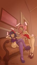 Rule 34 | 10s, 2girls, akemi homura, alternate eye color, alternate hair length, alternate hairstyle, animal ears, bent over, black hair, bow, bowtie, caffeccino, commentary, couch, crossed legs, detached collar, eye contact, fake animal ears, femdom, hair bow, hair ribbon, high heels, highres, indoors, kaname madoka, leotard, long hair, looking at another, mahou shoujo madoka magica, mahou shoujo madoka magica: hangyaku no monogatari, multiple girls, necktie, necktie grab, neckwear grab, open mouth, parted lips, pink hair, playboy bunny, purple eyes, rabbit ears, rabbit tail, ribbon, sitting, smile, standing, tail, thighhighs, two side up, watermark, web address, yellow eyes, yuri